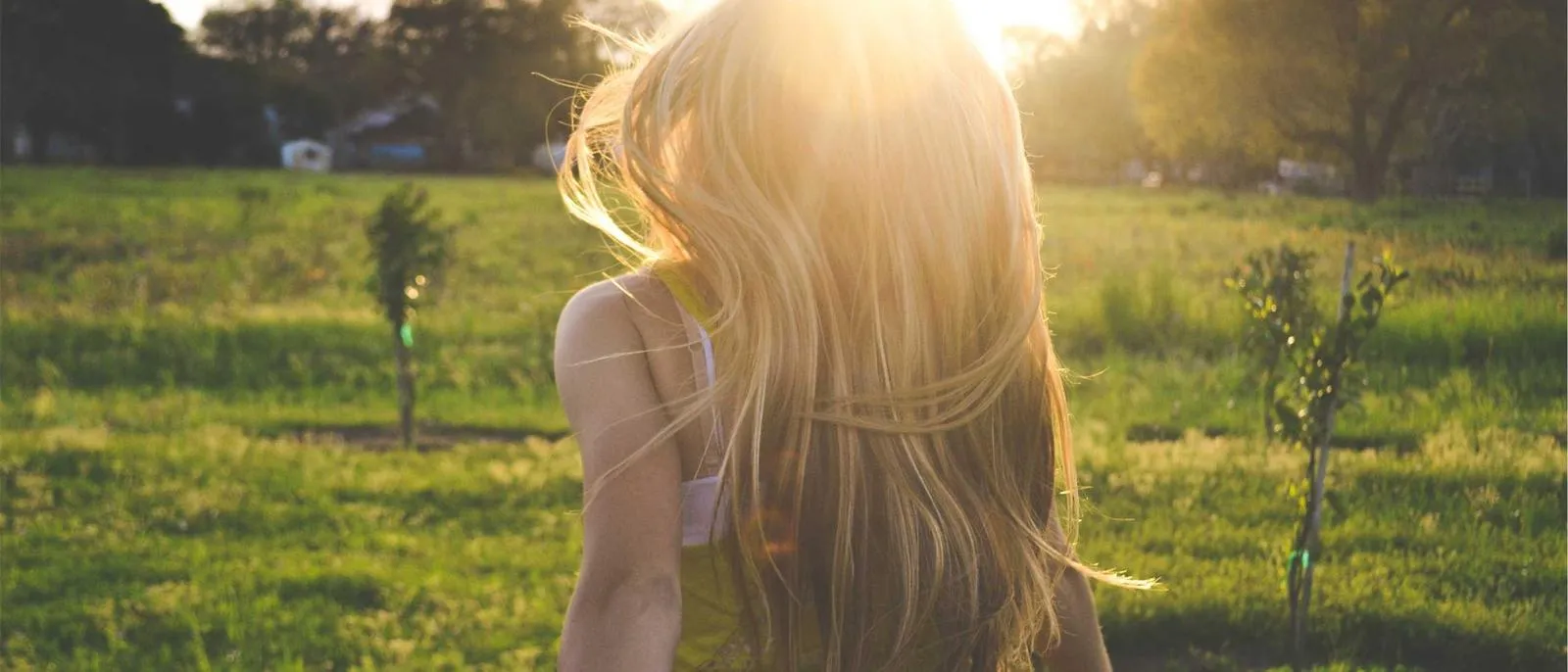 Frau mit langen Haaren von hinten auf einer sonnigen Wiese